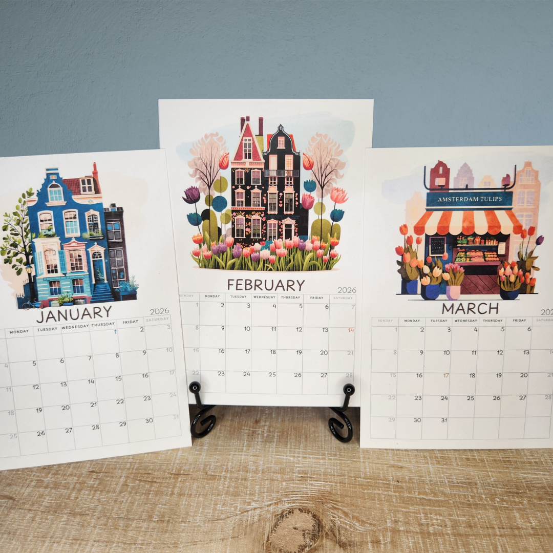 Three calendar pages showing January, February, and March with illustrated houses and flowers.