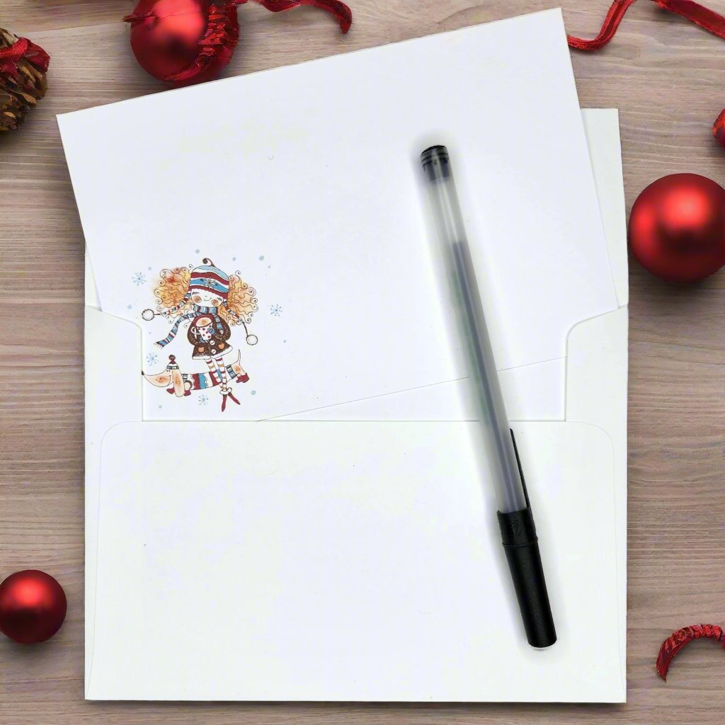 Notecard with red haired Immie dressed in a brown coat with her faithful dog dressed in a sweater.  Snowflakes all around.  the same and holding a cup of hot cocoa.