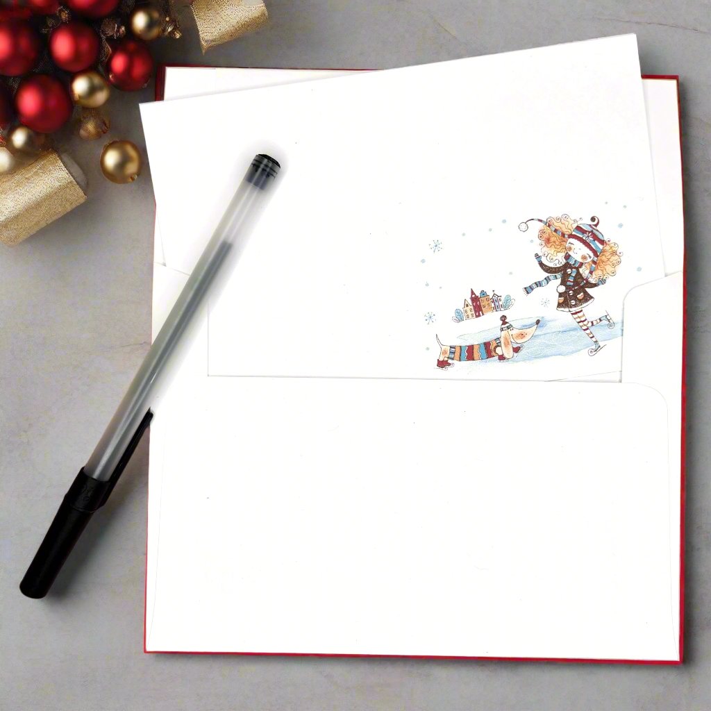 Notecard with red headed girl dressed in a brown coat skating with a Weiner dog wearing a sweater watching.
