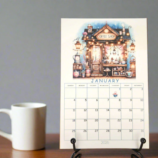 Calendar with a coffee shop illustration on a stand next to a mug