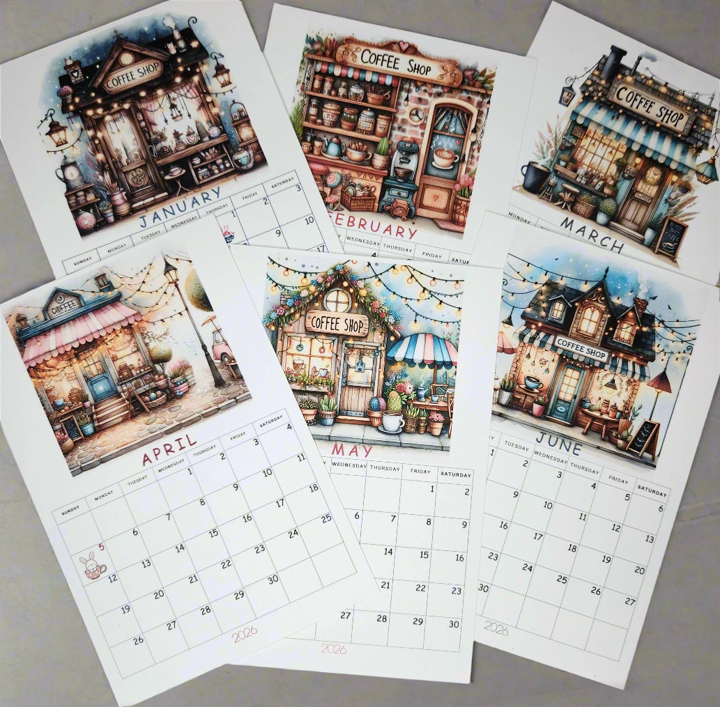 Calendar with coffee shop-themed designs for each month on a gray background
