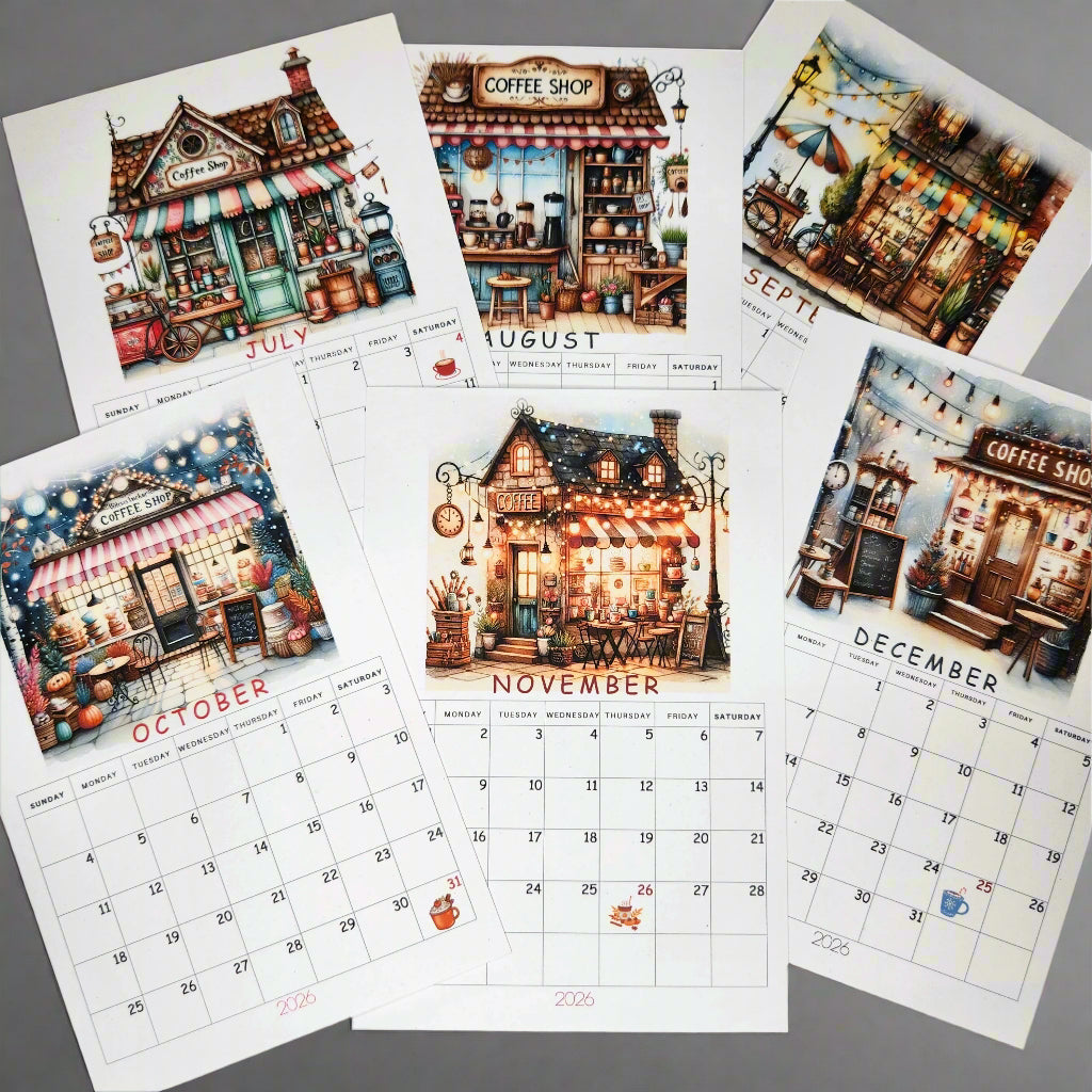 Calendar with illustrated coffee shop scenes for July to December on a gray background