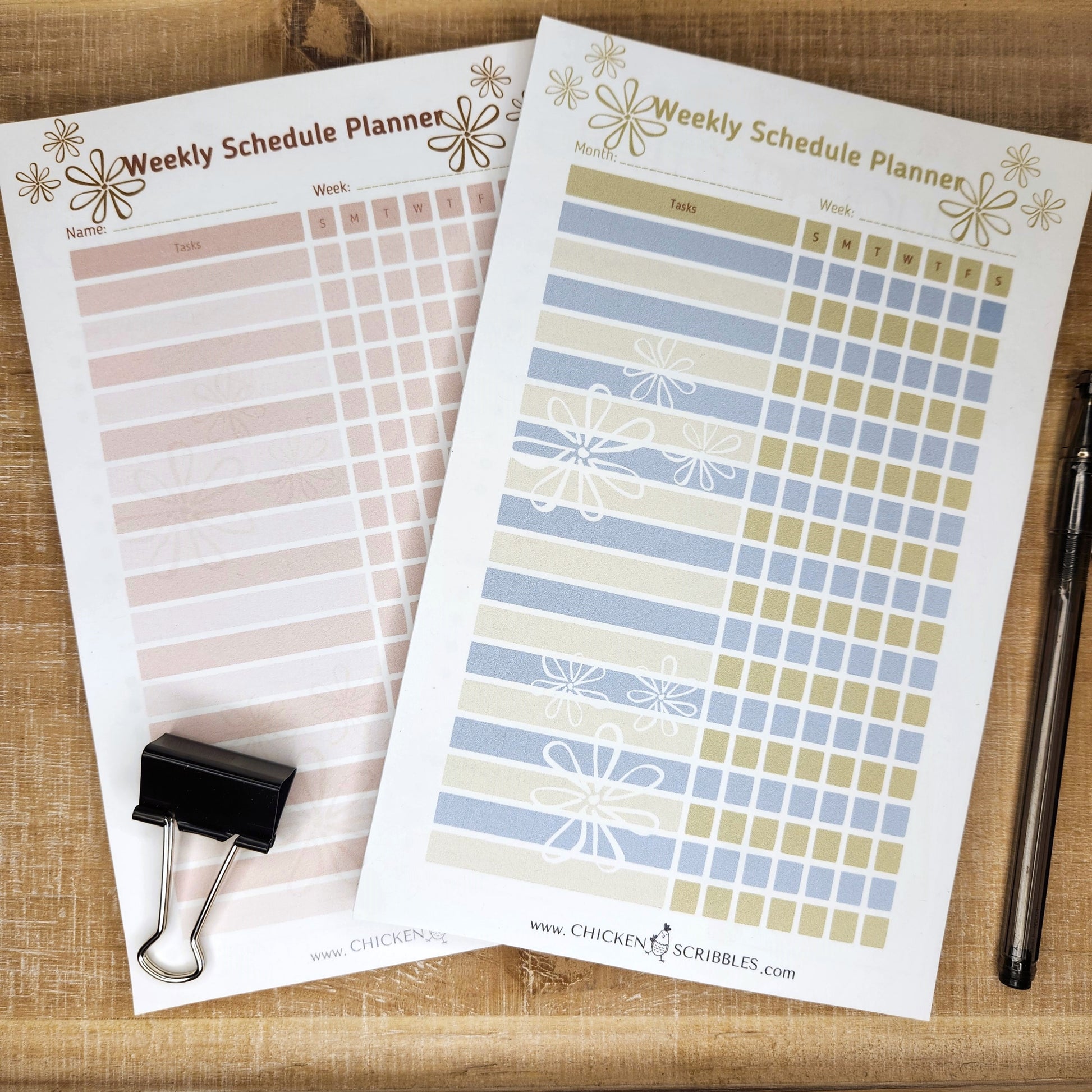 White notepad on tan background. Notepad is a weekly schedule planner with days of the week and several lines to fill in the tasks. you can choose either tan and blue or pink and blush as the document colors.