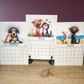 Three wall calendars showing April, May, and June with animal illustrations on a wooden surface.