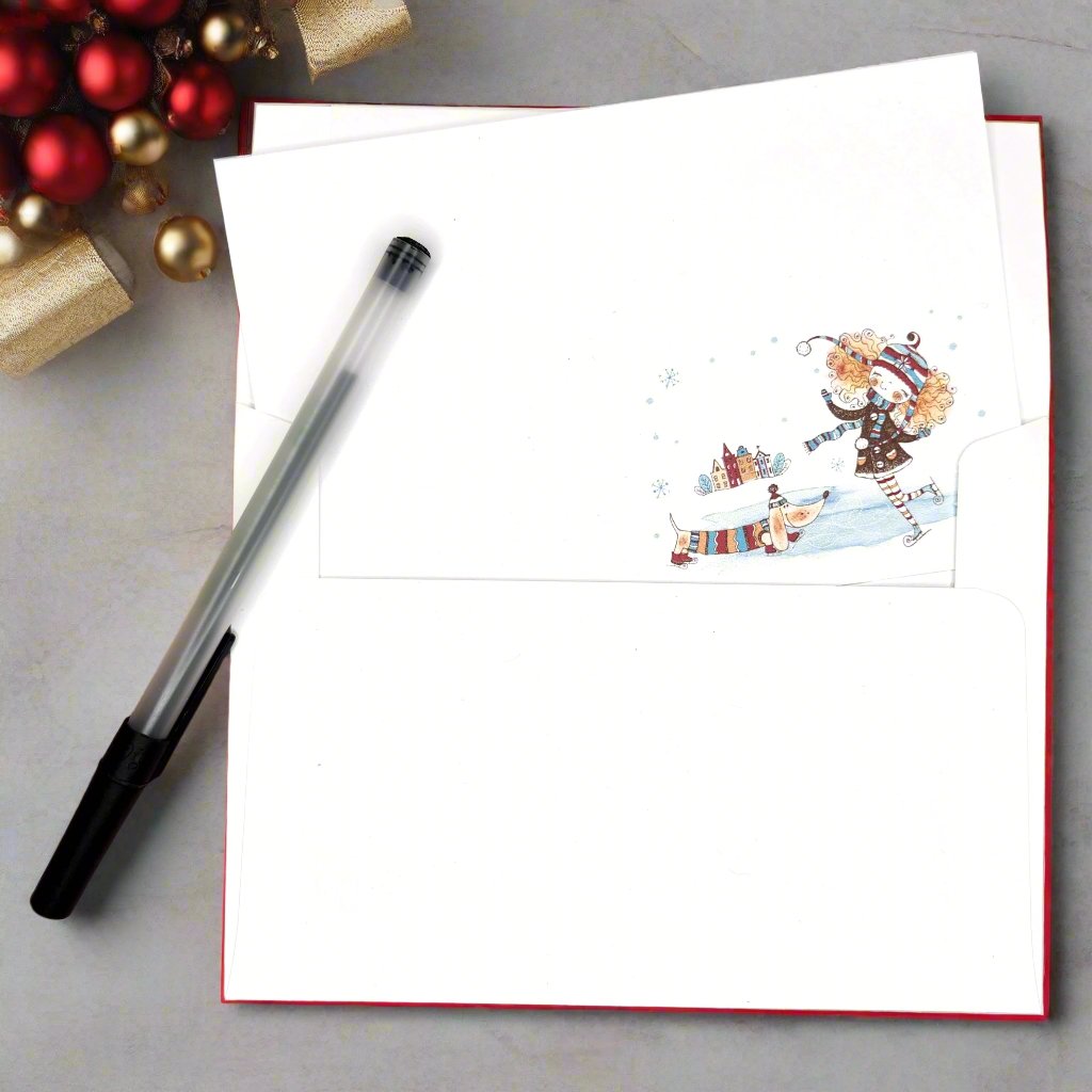 Notecard with red headed girl dressed in a brown coat skating with a Weiner dog wearing a sweater watching. 