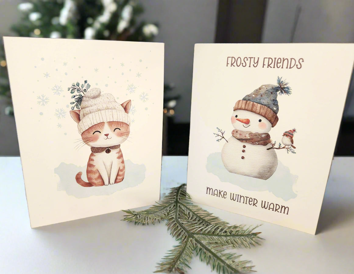 Two Christmas cards featuring a cat and a snowman with text 'Frosty Friends make winter warm' on a white surface.