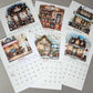 Calendar with coffee shop-themed designs for each month on a gray background