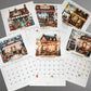 Calendar with illustrated coffee shop scenes for July to December on a gray background